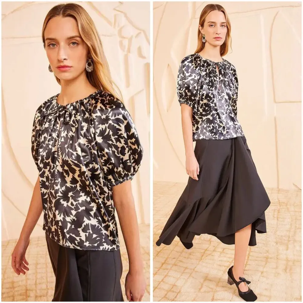 Ulla Johnson Neema Raven Satin Tie Neck Puff Sleeve Blouse Size 0